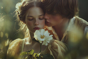 reamy Couple in a Summer Garden with a White Flower
A romantic scene of a young couple in a sunlit garden, the girl in a soft yellow dress gently smelling a white flower while the boy leans close 