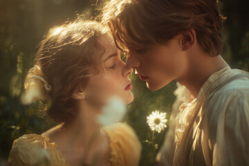 reamy Couple in a Summer Garden with a White Flower
A romantic scene of a young couple in a sunlit garden, the girl in a soft yellow dress gently smelling a white flower while the boy leans close 