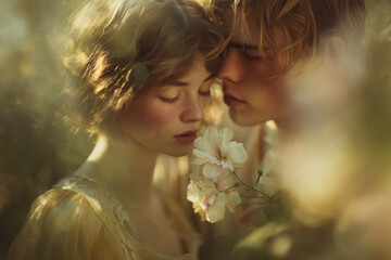 reamy Couple in a Summer Garden with a White Flower
A romantic scene of a young couple in a sunlit garden, the girl in a soft yellow dress gently smelling a white flower while the boy leans close 