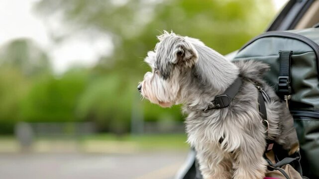 A small, adorable dog perched comfortably in a backpack takes in the sights of a vibrant green park on a sunny day