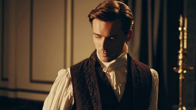 handsome regency-era man, tall and lean muscular build, cinematic lighting, romantic historical style, he wears a regency vest and coat