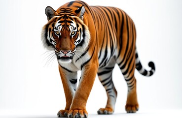 Striking close-up photo of Bengal tiger. Magnificent animal with powerful physique, orange fur with black stripes. Wild cat walking confidently. Focused gaze. Predator in natural habitat.