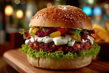 A close-up studio shot showcases a mouthwatering gourmet vegan burger with fresh lettuce, tomato, red cabbage, grilled onions, and creamy sauce, perfectly placed on a wooden board.
