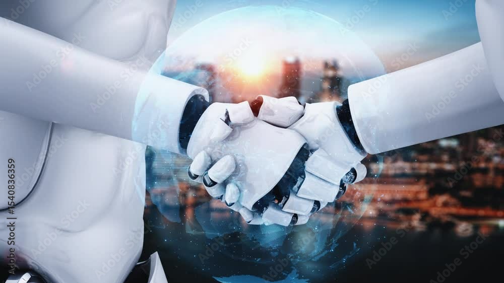 Poster 3d rendering hominoid robot handshake to collaborate future technology development by ai thinking br