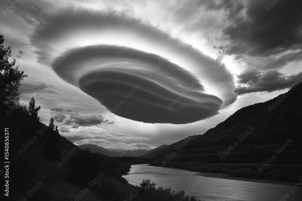 Poster Timelapse capturing dynamic cloud formations above a serene river landscape, Time-lapse of clouds changing shape over the river