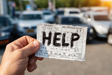 A hand holds a receipt with the word 'HELP' written on it, in a parking lot with cars in the background, portraying a message of distress and need for assistance.