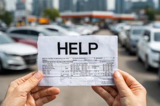 A hand holding up a bill with the word "HELP" against a blurred parking lot background suggesting financial or personal trouble and needing support to manage the situation.