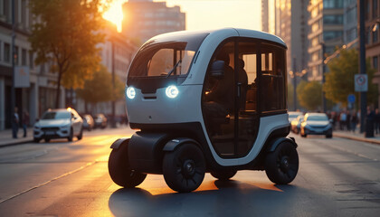 Fototapeta premium Autonomous delivery robot drives city street during sunset. Innovation tech, futuristic transport for goods, e-commerce, online shopping. Urban scene with robot on the road at dusk.