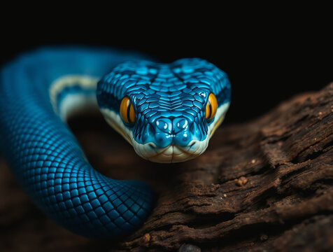 Vibrant Blue Pit Viper Coiled on Textured Wood - Close-Up Wildlife Photo