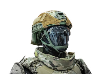 Detailed view of a military-style robot in olive green vest and utility belt, transparent face...