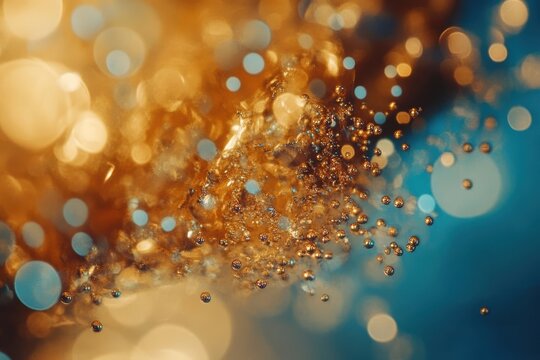 Captivating abstract motion background with golden particles shimmering in a soft blue hue, Abstract motion background bokeh golden particles effect video - Powered by Adobe