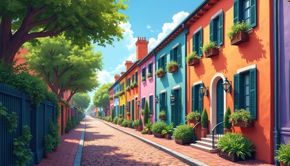 Obraz premium Charming Rainbow Row in Charleston. Picturesque colorful houses with plants. Historic buildings with vibrant facades, doors windows. Popular travel destination, summer vacation scenery. Residential