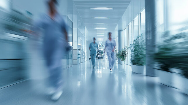 Blurred medical professionals move quickly through a modern hospital hallway, conveying urgency and activity.
