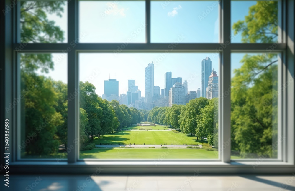 Poster view through window of urban park with city skyline. green grass, trees create natural frame. modern