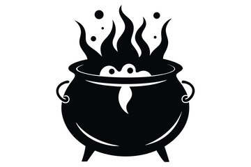 Boiling Witch's Cauldron with Bubbles and Steam, Halloween Decoration in Black Silhouette