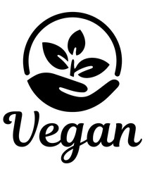 Vegan vector logo with leaf and hand, circle vegan logo with leaves, simple green vegan button, vegan vector badge.