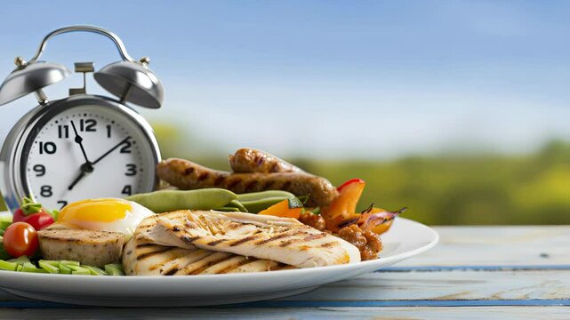 Savor a delicious breakfast with grilled chicken, vibrant veggies, and a perfectly cooked egg to kickstart your day