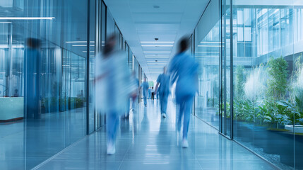 Blurred medical professionals move quickly through a modern hospital hallway, conveying urgency and activity.
