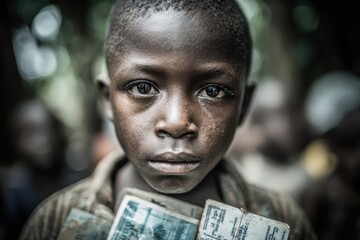 A close-up portrait of an African boy holding old banknotes with a blurred background, capturing poverty and innocence in his eyes and weathered face.