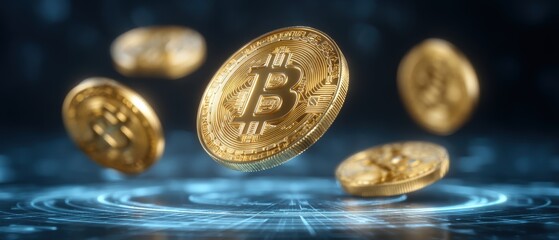 Floating golden bitcoin coins rotating in 3d animation