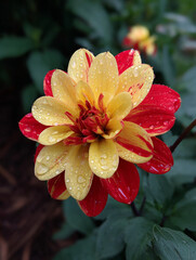 A close up shot of a vibrant dahlia flower with yellow and red petals covered in water droplets outdoors