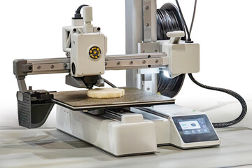 Close-up view of an industrial machine, metallic frame, complex structure, movable armneedle mechanism, nozzle, data screen, industrial setting, blurred background
