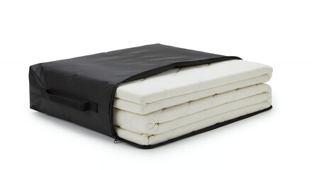 Folded mattresses in a black storage bag