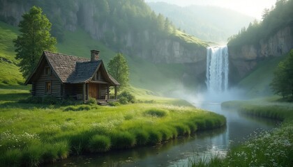 Fototapeta premium Secluded cabin near misty waterfall. Lush green meadow, river, forest, trees. Scenic landscape, ideal place for nature retreat, adventure travel, vacations, escape, relaxation, serenity.