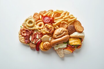 Artistic representation of various junk foods creatively arranged to resemble a human brain. Generated AI