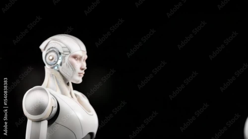 Poster two white humanoid robots with thin bodies and long necks replace each other in the frame.