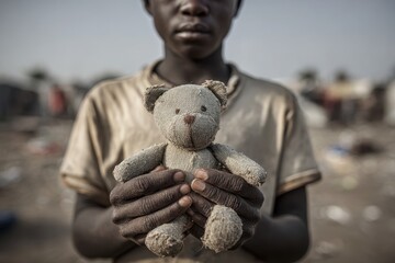 A young African boy gently cradles a worn teddy bear in his hands, with a poignant expression on his face, amidst a dusty, desolate background suggesting poverty.