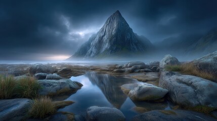 Dramatic nordic mountain peak with misty clouds
