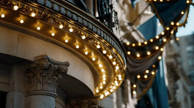 A close-up of an ornate old theater marquee, lit with warm light against a backdrop of classical architecture. The marquee and lights create intricate patterns that add to its classical charm.