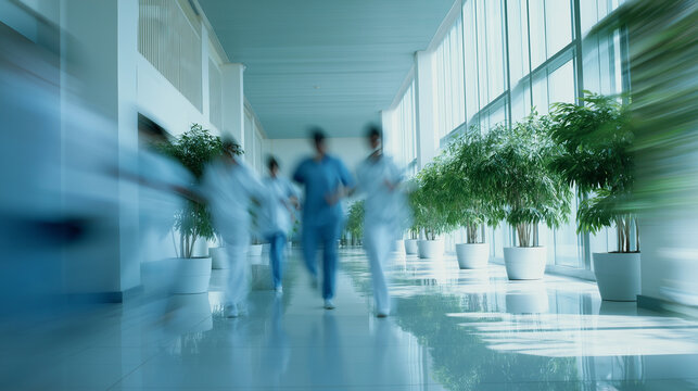 Blurred medical professionals move quickly through a modern hospital hallway, conveying urgency and activity.

