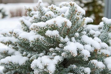 Fir tree adorned with hoarfrost and fresh snow in a winter landscape, Fir tree covered with hoarfrost and snow