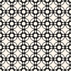 Fototapeta premium Vector geometric seamless pattern with curved lines, grid, net, lattice, floral silhouettes, repeat tiles. Simple elegant black and white background. Abstract ornament texture. Stylish all-over design