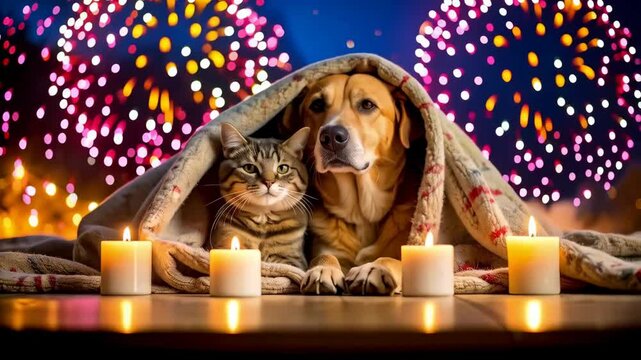 Dog and cat cuddling under a blanket with candles and firework display in the background, creating a warm festive atmosphere