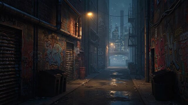 Urban alleyway with graffiti and cityscape at night dark street scene