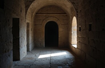 Interior of ancient stone prison in Xativa Castle, Spain. Sun light through windows. Historical building, architecture. Old walls, arches. Travel, tourism, history. Medieval fortress, dungeon.