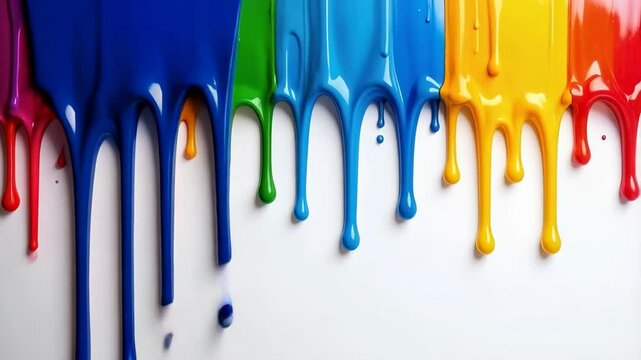 Vibrant multicolored paint dripping down with a glossy shine on a white background, creating a colorful and artistic design.