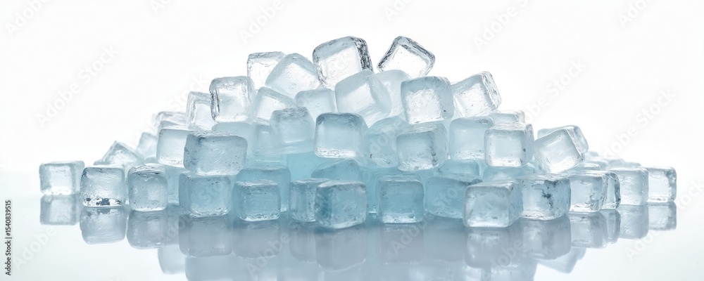 Poster pile of clear ice cubes on white surface. glassy, crystal cubes look refreshing and cold. transparen
