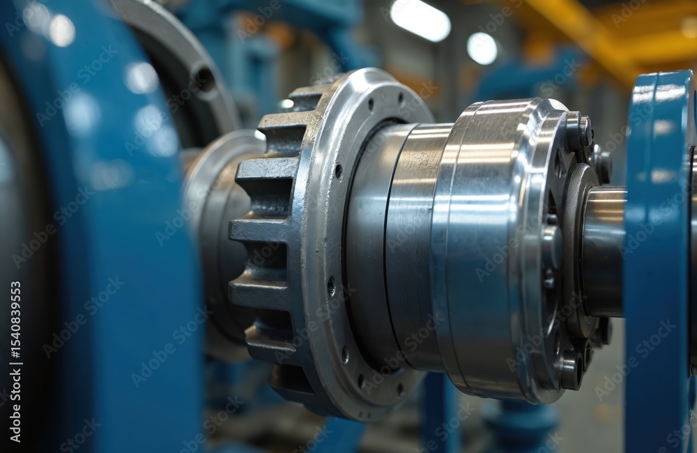 Poster close-up of robust metal coupling component in industrial setting. surrounded by machinery and mecha