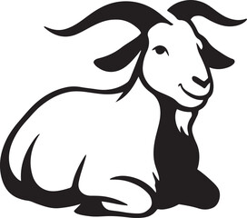 Lying goat black and white illustration, Resting goat clean line farm animal art
