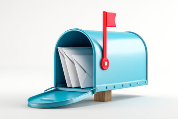 Blue and red mailbox with papers inside on a white background