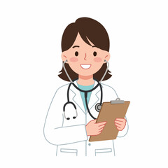 Fototapeta premium Friendly female doctor smiling with a clipboard and stethoscope in a professional pose.