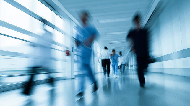 Blurred medical professionals move quickly through a modern hospital hallway, conveying urgency and activity.
