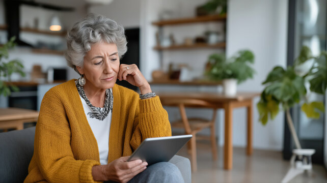 Elderly woman reading on tablet while sitting in cozy living room