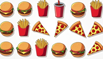 Fast food assortment including burgers pizza french fries soda. Colorful graphic menu design for takeaway restaurant. Appetizing junk food illustration for commercial and advertising usage.