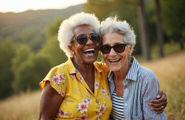 Two senior women share joyful embrace outdoor. African American, biracial women laughing, smiling, wearing sunglasses. Friendship, retirement concept. Active seniors, happy lifestyle, connection,