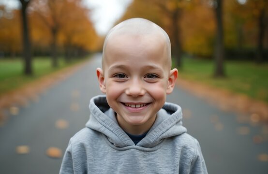 Young boy smiles brightly in front of outdoor scenery. Bald head, grey hoodie. Resilience, strength, determination in the face of illness. Focus on child positivity. Health, medicine, care.
